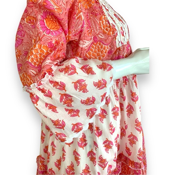 MEHER’S PINK/WHITE BOHO COTTON FLORAL RUFFLE DRESS. WOMEN SZ LARGE. NEW WITH TAG - Picture 7 of 10